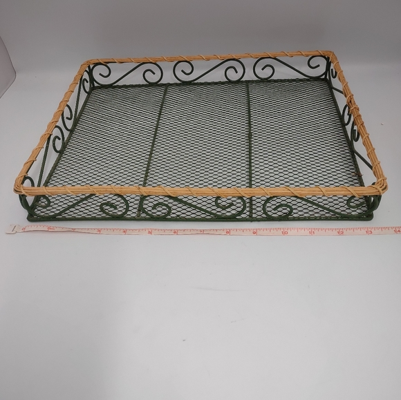 Decor Green Wire & Woven Wicker Rectangle Basket Tray 13"L X 11"W X 1 1/2"H - Picture 4 of 4
